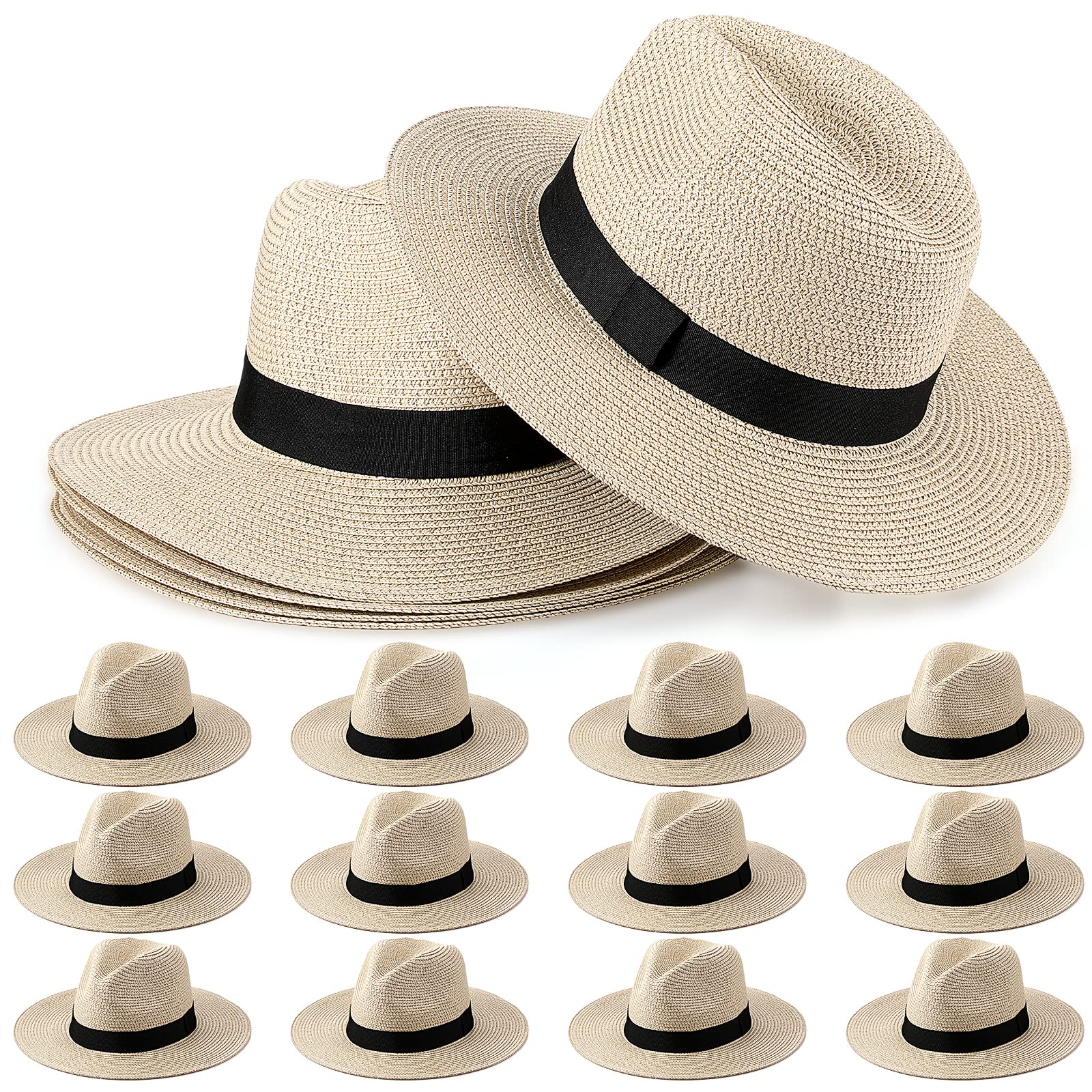 Silkfly 12 Pcs Straw Panama Roll up Hat Wide Brim Straw Panama Hat Summer Beach Hat Straw Sun Hats for Women Summer Sun Hat(Beige)