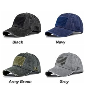 American Flag Baseball Cap Embroidery Adjustable Washed Vintage Cotton Denim Distressed Hat for Women Men Black