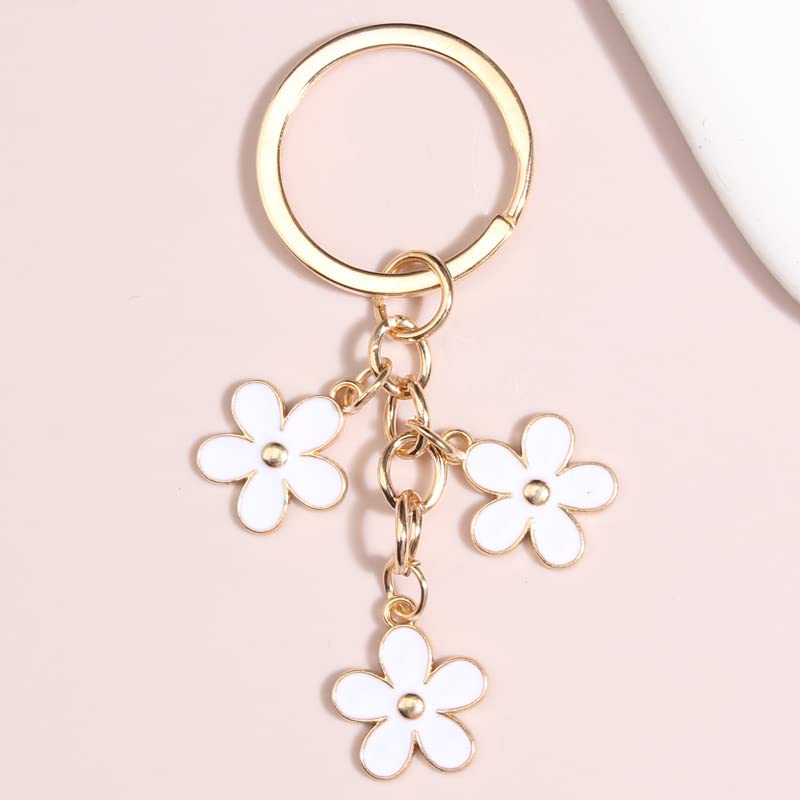 Fuqimanman2020 1~4 Pcs Flowers Charms Enameled Keychain Cute Flowers Chain Tassel Keyring Gifts Purse Bag Accessories(White)