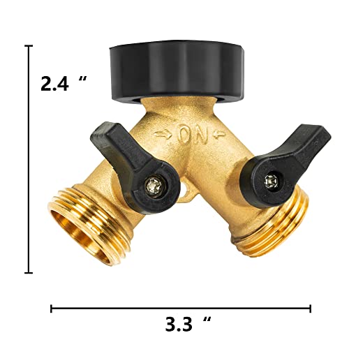 LIULO TOOL Brass Garden Hose Splitter 2 Way, Hose Y Splitter 3/4 Inch Heavy Duty Brass Hose Connector Tap Splitter, Hose Spigot Adapter 2 Valves with Rubber Washers (1 Pack)