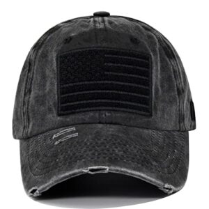 American Flag Baseball Cap Embroidery Adjustable Washed Vintage Cotton Denim Distressed Hat for Women Men Black