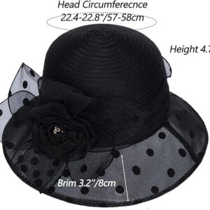 Dots-Organza Flower Band Wide Brim Sun Hat for Women French Straw Party Hat Bridal Wedding Fascinator Black