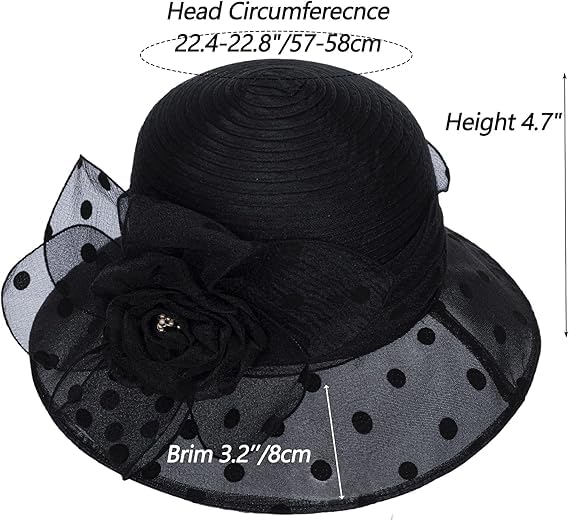 Dots-Organza Flower Band Wide Brim Sun Hat for Women French Straw Party Hat Bridal Wedding Fascinator Black