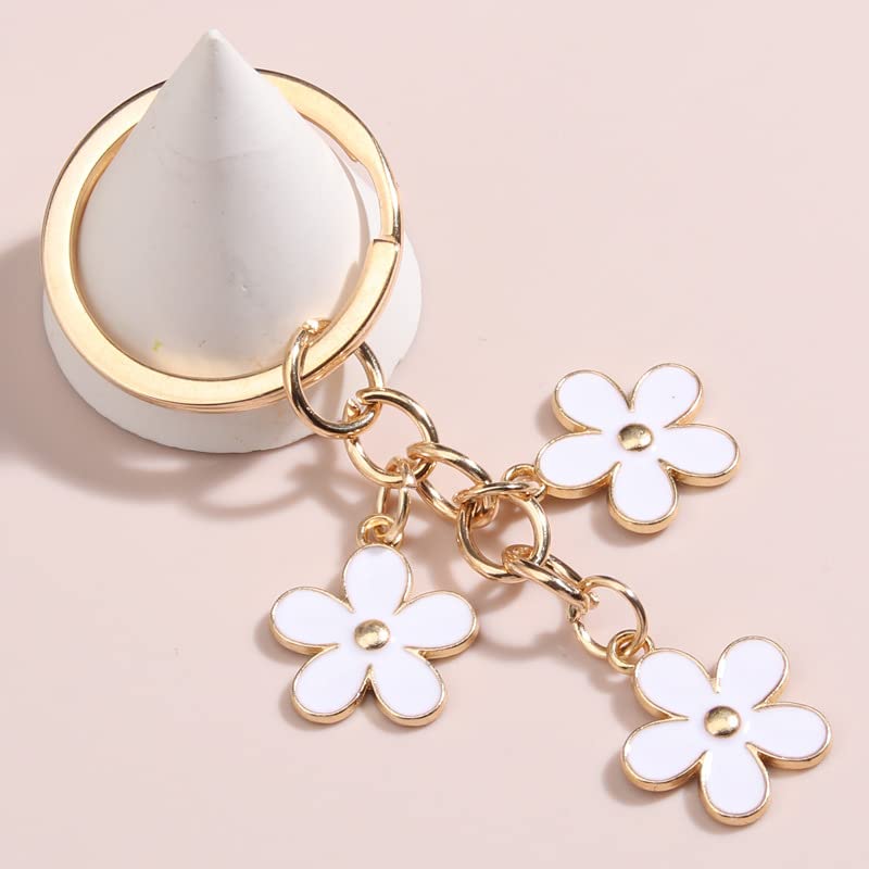 Fuqimanman2020 1~4 Pcs Flowers Charms Enameled Keychain Cute Flowers Chain Tassel Keyring Gifts Purse Bag Accessories(White)