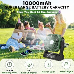 10000mAh Camping Fan Rechargeable with LED Lantern, Battery Operated Fan Outdoor Camping Fans for Tents with Remote & Hook, 4 Speed Powerful USB Table Fan for Fishing, Camping, Travel, Jobsite (Black)