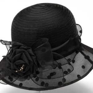 Dots-Organza Flower Band Wide Brim Sun Hat for Women French Straw Party Hat Bridal Wedding Fascinator Black