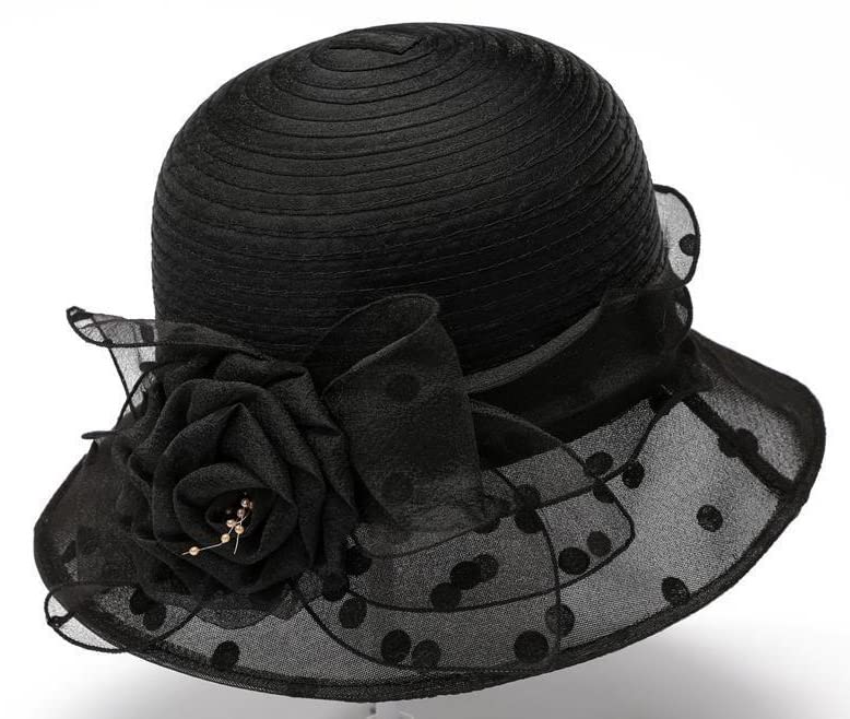 Dots-Organza Flower Band Wide Brim Sun Hat for Women French Straw Party Hat Bridal Wedding Fascinator Black