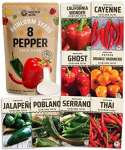 rooted acre 8 varieties pepper seeds - non gmo, usa, heirloom hot pepper seeds inc ghost and jalapeno - high germinating pepper seeds for planting home garden: serrano, california wonder, and more