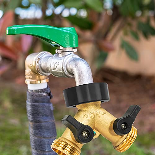 LIULO TOOL Brass Garden Hose Splitter 2 Way, Hose Y Splitter 3/4 Inch Heavy Duty Brass Hose Connector Tap Splitter, Hose Spigot Adapter 2 Valves with Rubber Washers (1 Pack)