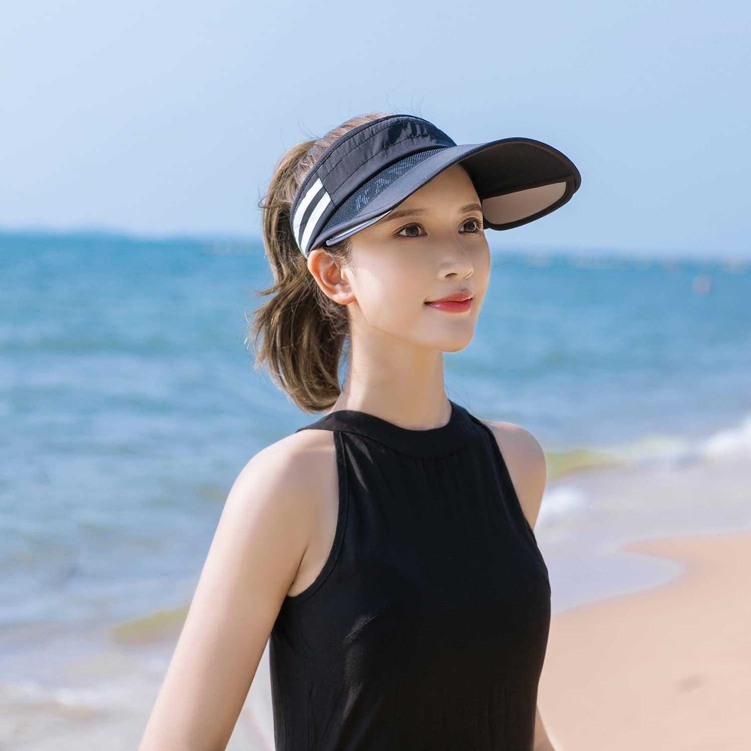 Peicees Sun Visor Hat with Wide Brim for Women Sun Protection Cap for Golf Tennis Beach Running Hiking Fishing Gardening Black-Black