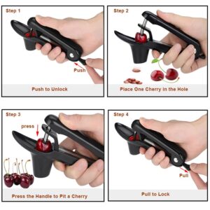 Cherry Pitter - Heavy-Duty Stainless Steel Olive and Cherry Pitters Corer Tool with Space-Saving Lock Design, Multi-Function Cherries Stoner Seed Remover Tool for Making Cherry Jam (Black)