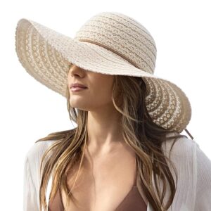 Womens Sun Hat, Floppy Beach Summer Hats with Wide Brim, Packable Lace Hats for Women Beige