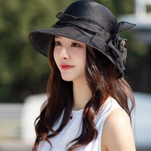 Dots-Organza Flower Band Wide Brim Sun Hat for Women French Straw Party Hat Bridal Wedding Fascinator Black