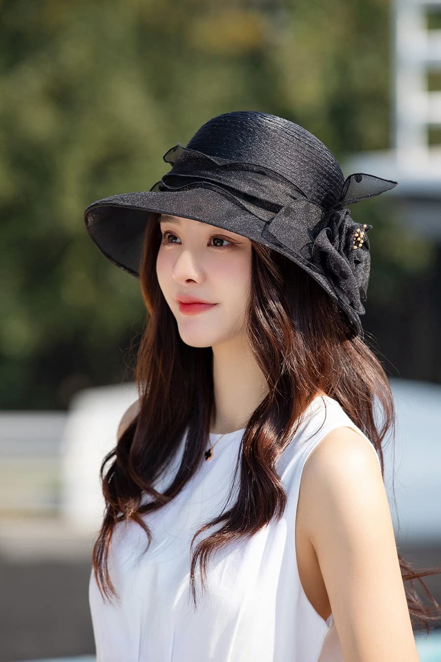 Dots-Organza Flower Band Wide Brim Sun Hat for Women French Straw Party Hat Bridal Wedding Fascinator Black