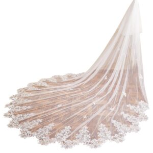 EllieWely Long Cathedral Length 2 Tier Sequin Lace Wedding Bridal Veil F09 3 M Ivory