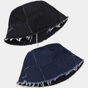 XYIYI Unisex Black Double-Side-Wear Reversible Bucket Hat Denim Washed Fisherman Cap Beach Sun Hat