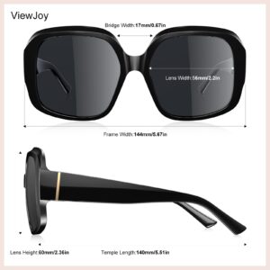 ViewJoy Oversized Sunglasses for Women Polarized 100% UV Protection Spring Hinges for Big Head Large Square Black Frame Classic Trendy Style