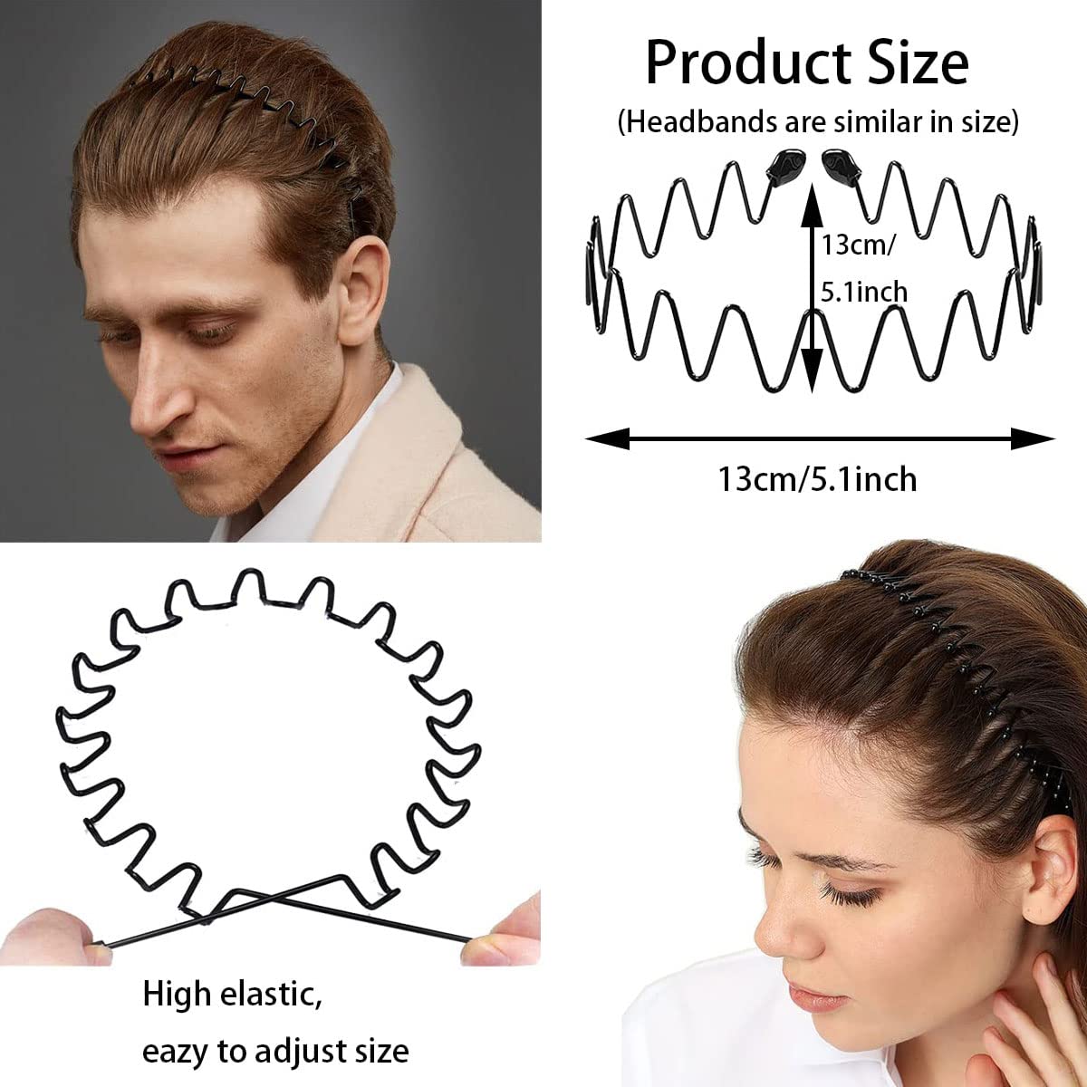 BOYIVI 15 Pieces Metal Headband for Men and Women Unisex Hair Band Adjustable Headbands Wavy Hair Accessories Non-slip Hair Hoop for Home, Outdoor, Sports and Yoga