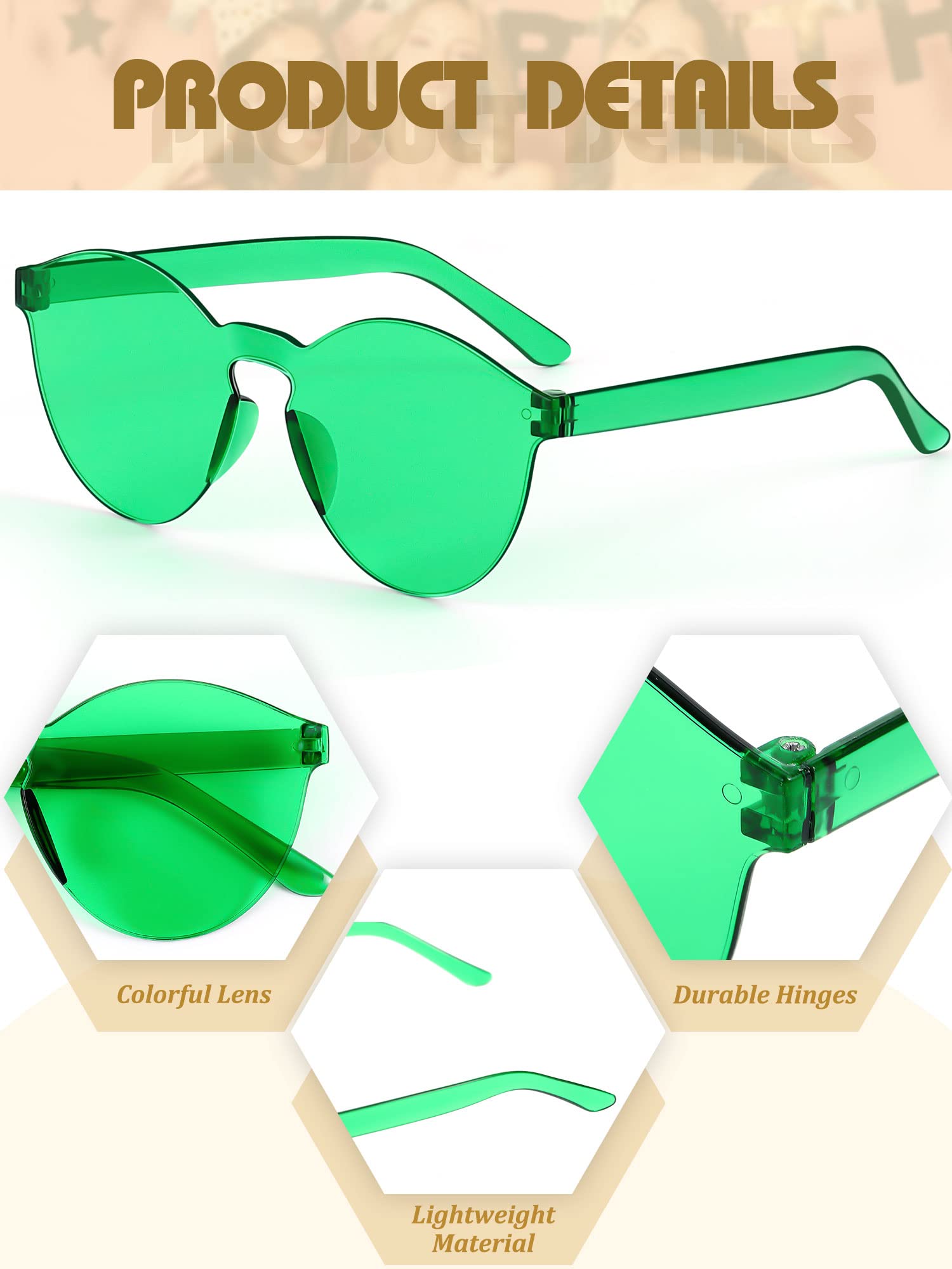 Hoteam 24 Pairs Rimless Round Sunglasses Bulk Tinted Party Sunglasses Transparent Candy Color Eyewear for Women Men Party (Green)