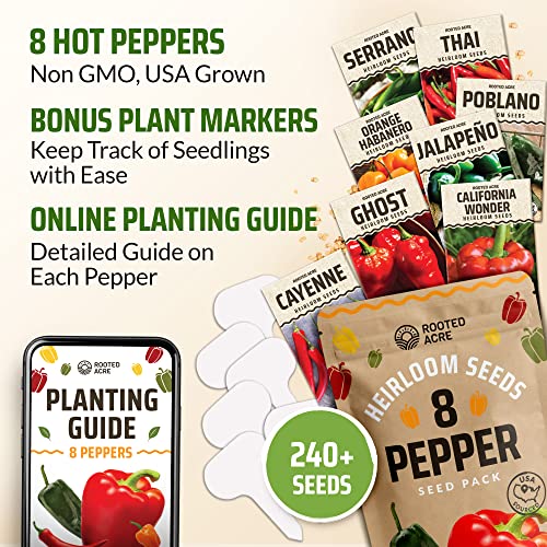 Rooted Acre 8 Varieties Pepper Seeds - Non GMO, USA, Heirloom Hot Pepper Seeds inc Ghost and Jalapeno - High Germinating Pepper Seeds for Planting Home Garden: Serrano, California Wonder, and More