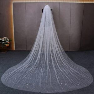 EllieWely Long Cathedral Length Pearl Wedding Bridal Veil With Metal Comb F07 3 M Ivory