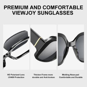 ViewJoy Oversized Sunglasses for Women Polarized 100% UV Protection Spring Hinges for Big Head Large Square Black Frame Classic Trendy Style