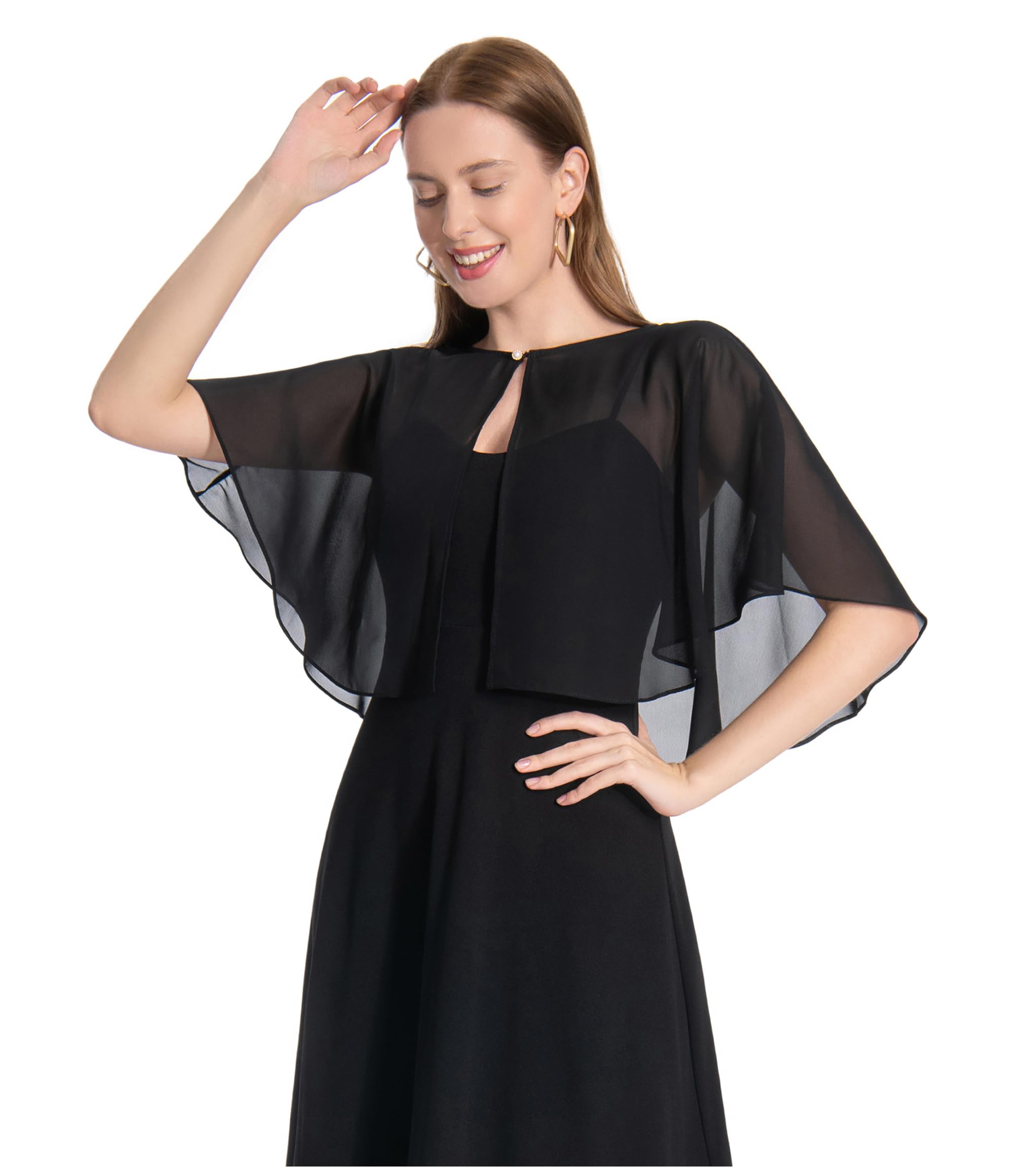 Pukguro Black Sheer Shawl for Evening Dresses Chiffon Soft Capelets for Wedding Cover Up Capes