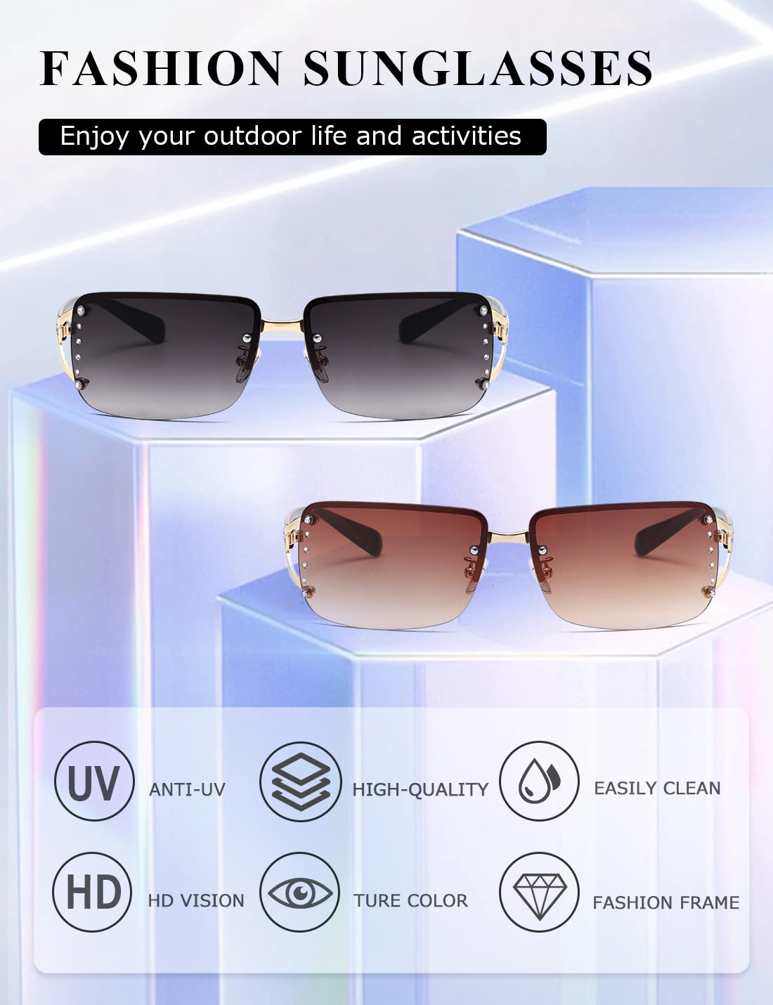 kimorn Rectangle Sunglasses for Women Men Stylish Rimless Frameless Trendy Retro Sun Glasses 90’s Vintage Square Frame K1314 (Gold Frame Gradient Brown & Grey Lens)