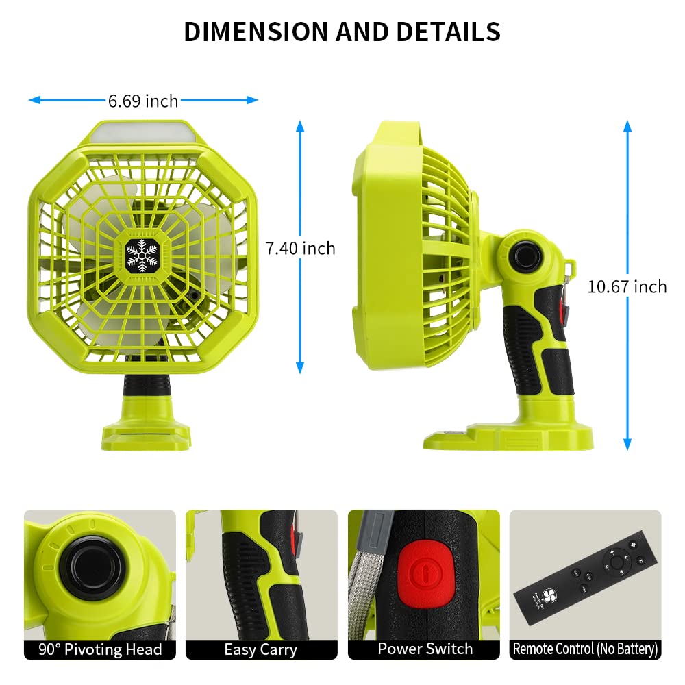 Choerinton Portable Fan for Ryobi 18v Battery, Cordless fans portable battery operated fan with battery and charger, for Hom, Outdoor,Camping, Picnic and Job Site