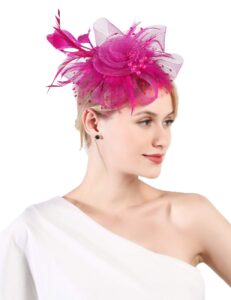 fascinator kentucky hat for women tea party wedding.church derby headband, 1920s fascinator hat with clip-hot pink-01