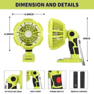 Portable Fan for Ryobi 18v Battery, Cordless Fans Portable Battery Operated Fan with Battery and Charger,with 300LM LED Light, for Hom, Outdoor,Camping, Picnic and Job Site