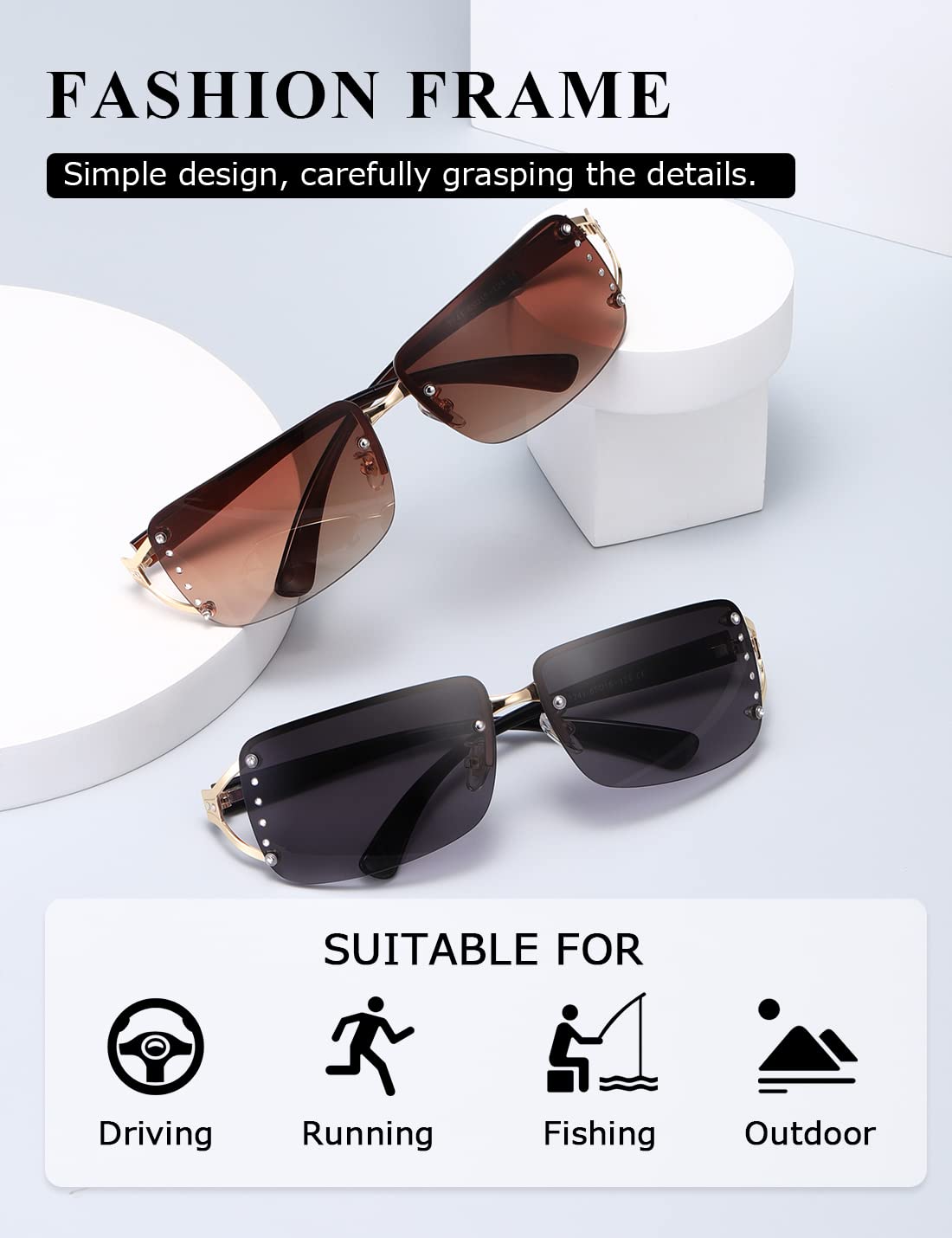 kimorn Rectangle Sunglasses for Women Men Stylish Rimless Frameless Trendy Retro Sun Glasses 90’s Vintage Square Frame K1314 (Gold Frame Gradient Brown & Grey Lens)