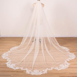 EllieWely 1 T Cathedral Length Floral Lace Appliques Wedding Bridal Veil Ivory