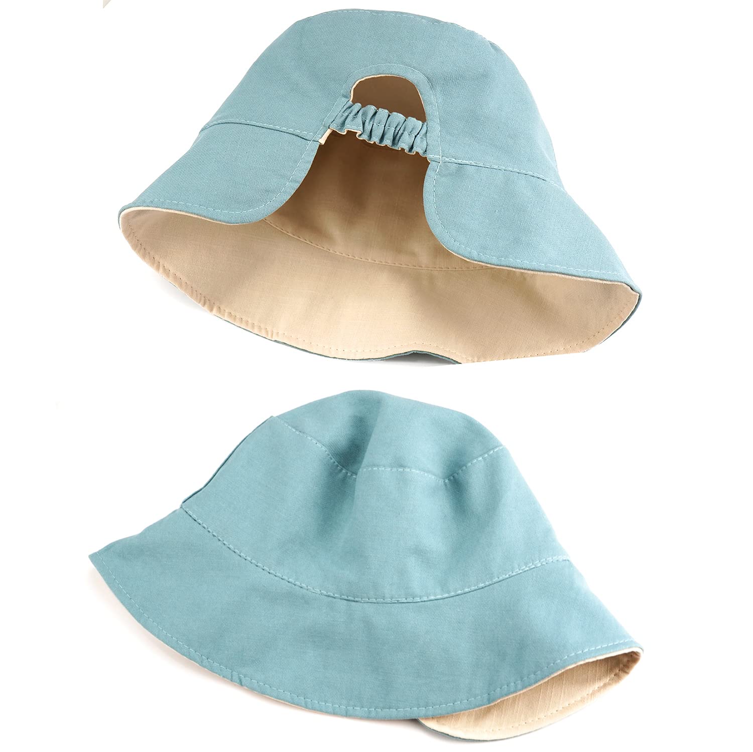 Taidor Ponytail Sun Bucket Hats for Women Beach Cap Fisherman Hat Beige