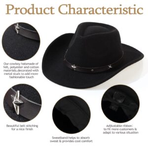 Mumufy 4 Pcs Classic Western Cowboy Hat Men Felt Wide Brim Cowgirl Hats Women Belt Buckle Panama Hat for Adults Kids (Black, Camel, Khaki, Beige)