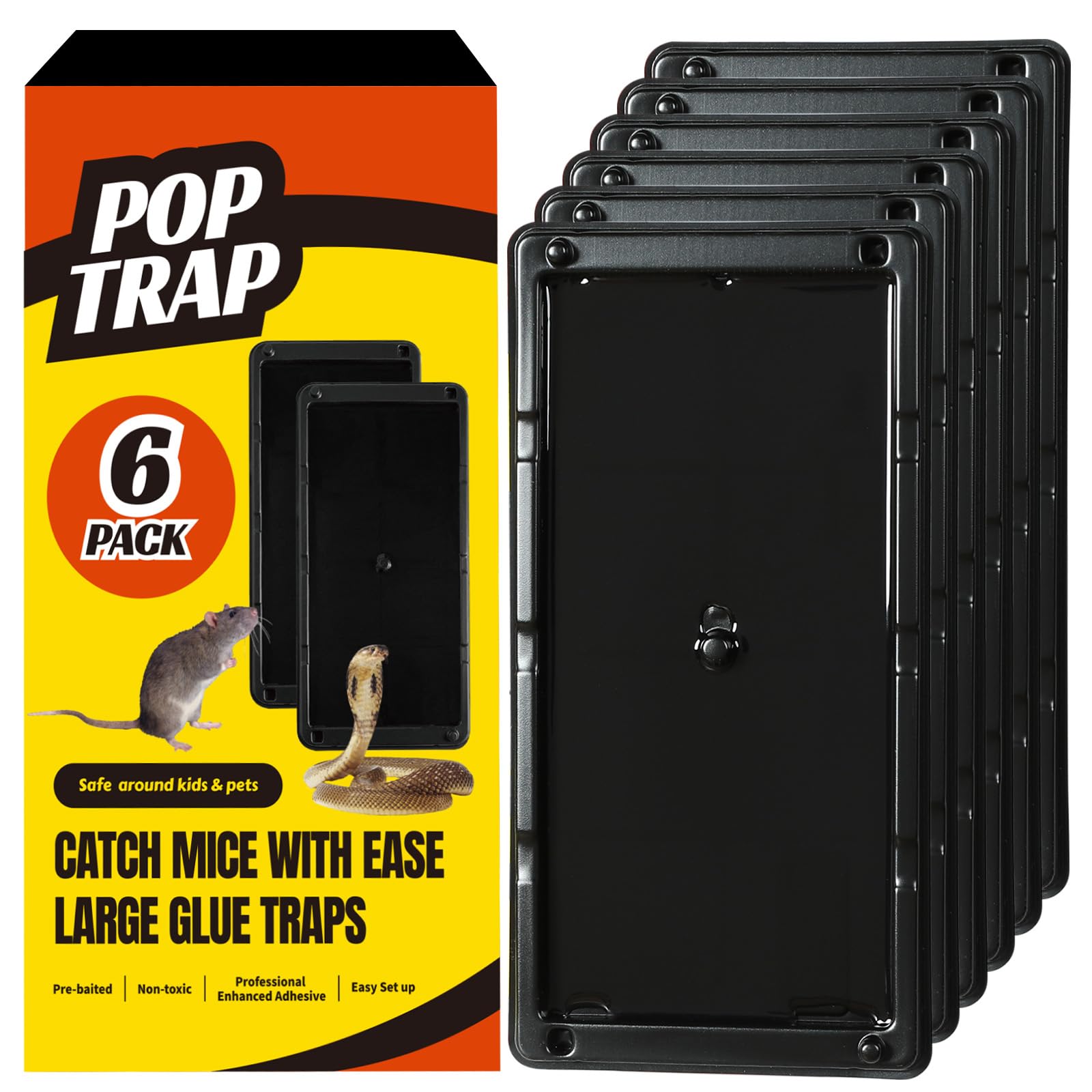 POPTRAP Rat Trap Heavy Duty & Large - 6 Pack, Super Sticky Mouse Trap with Ultra-Strong Glue, Mouse Glue Trap with Scent of Peanut Butter for Indoor & Outdoor, Non-Toxic & Long-Lasting