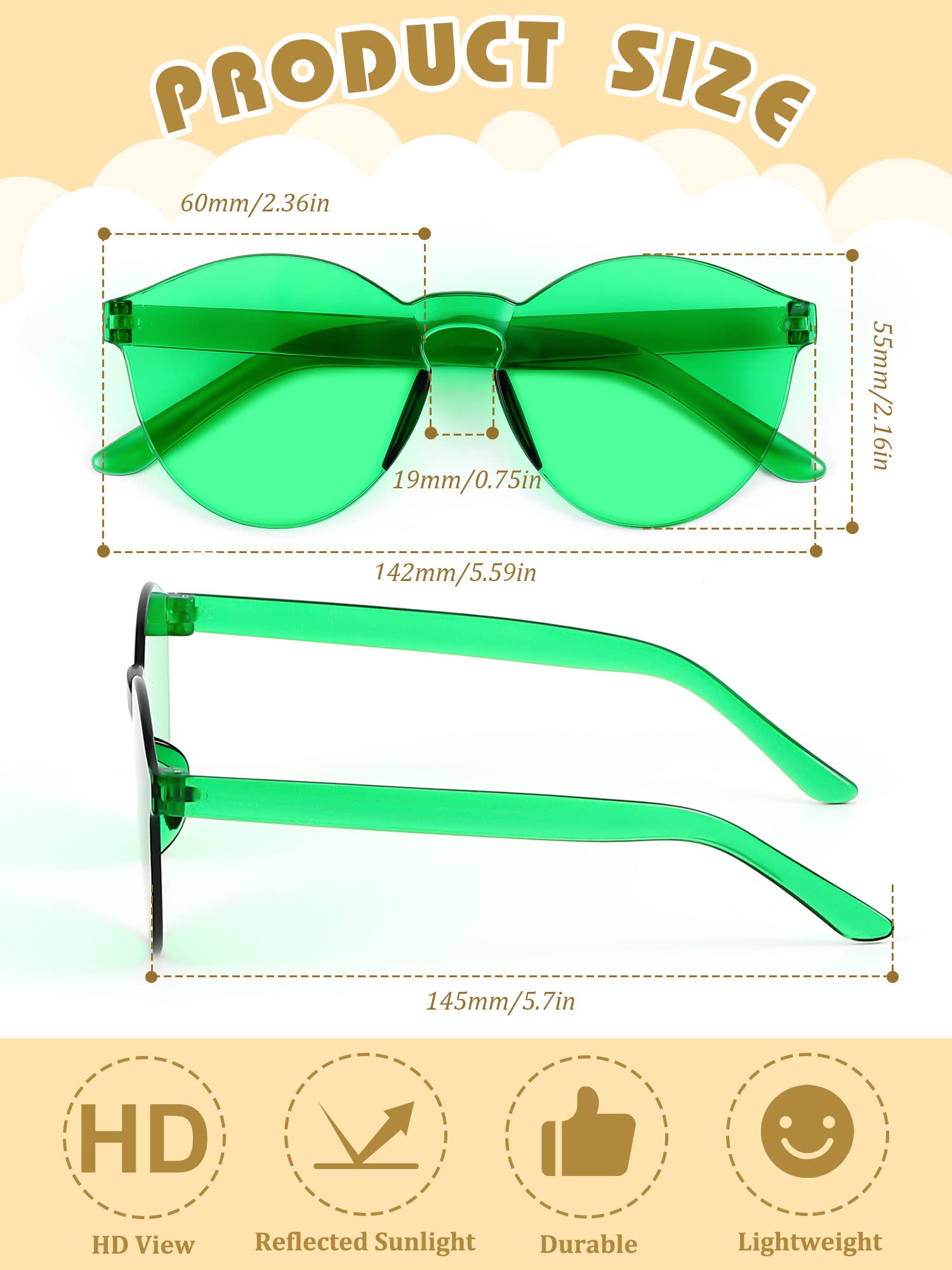 Hoteam 24 Pairs Rimless Round Sunglasses Bulk Tinted Party Sunglasses Transparent Candy Color Eyewear for Women Men Party (Green)