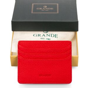 grande 3633 Genuine Leather Card Holder For Women and Men Super Slim Minimalist Small Snap Wallet (Red)