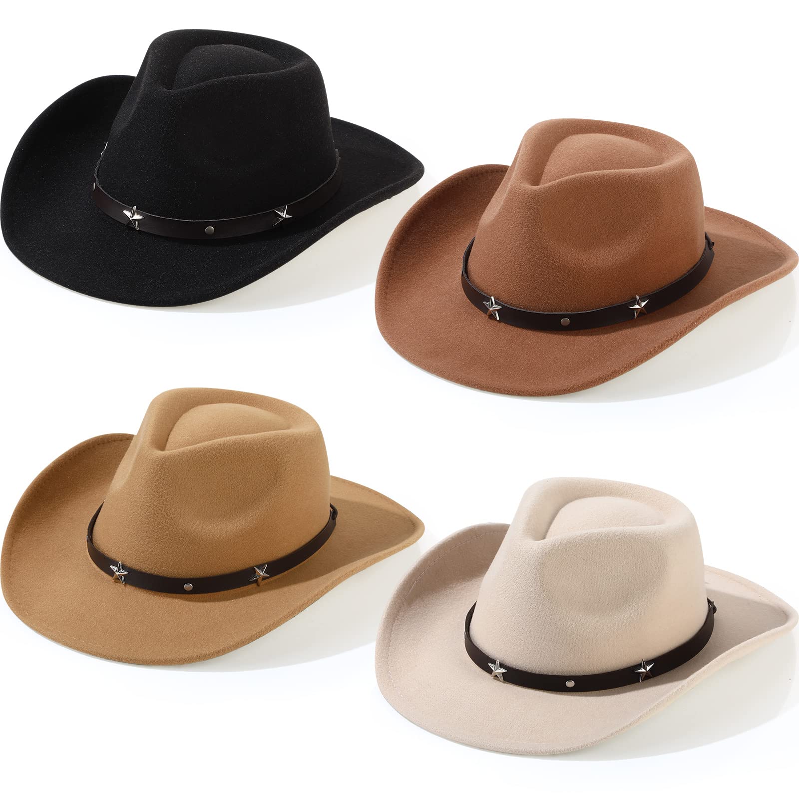 Mumufy 4 Pcs Classic Western Cowboy Hat Men Felt Wide Brim Cowgirl Hats Women Belt Buckle Panama Hat for Adults Kids (Black, Camel, Khaki, Beige)