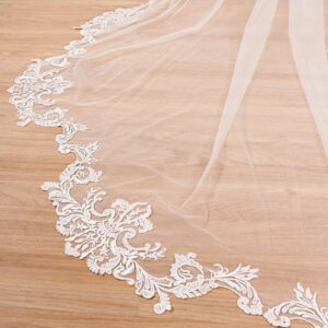 EllieWely 1 T Cathedral Length Floral Lace Appliques Wedding Bridal Veil Ivory