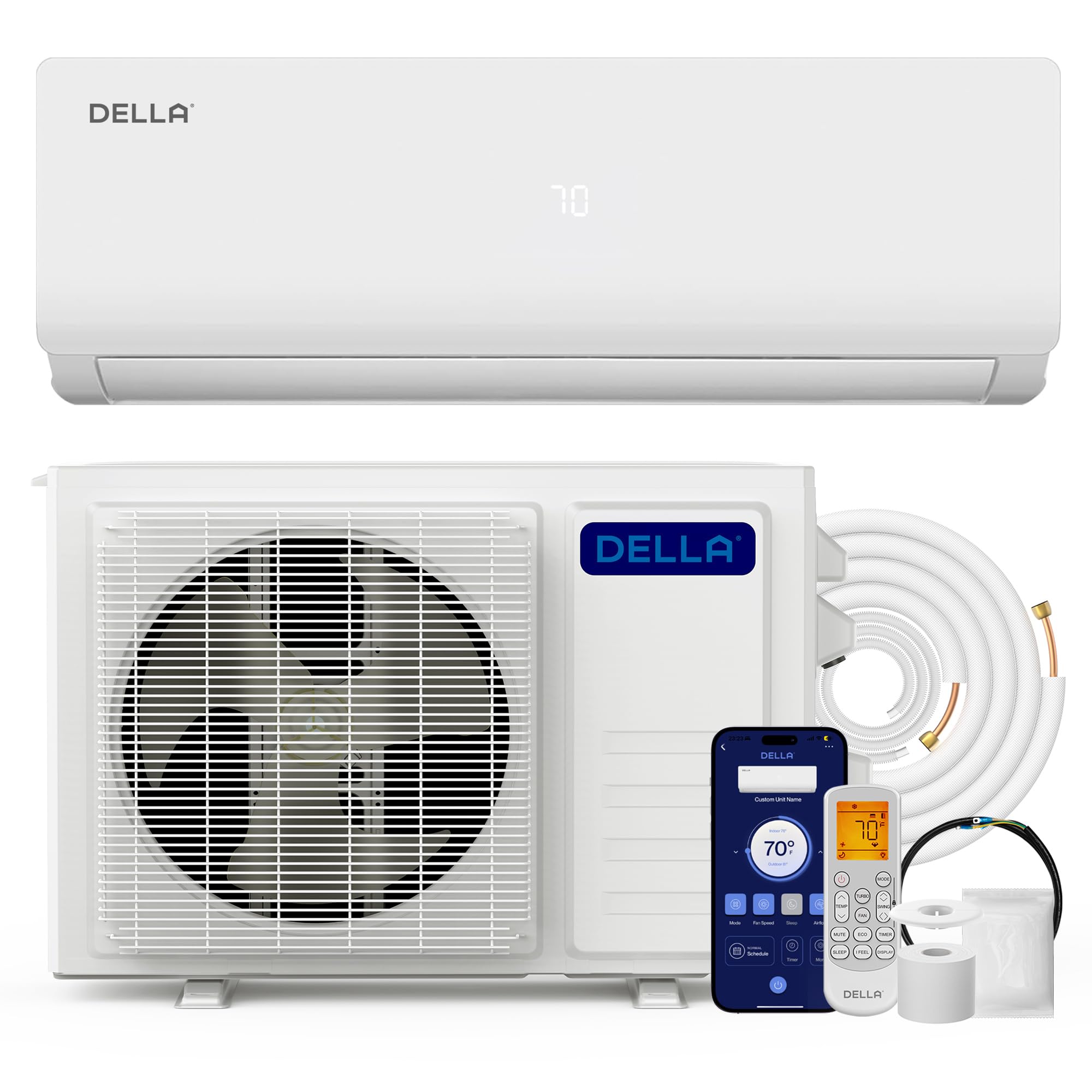 DELLA Versa Series 18000 BTU Wifi Mini Split AC Work with Alexa 19 SEER2 Cools Up to 1000 Sq.Ft Energy Efficient Ductless Inverter System with 1.5 Ton Heat Pump Pre-Charged & 16.4ft Installation Kits