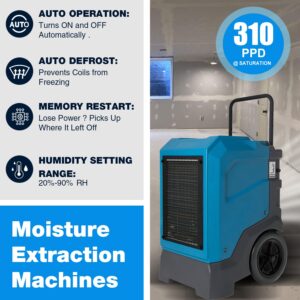 MOUNTO 310 Pints LGR Commercial Dehumidifier with Built-In Pump and Drain Hose – Portable, Heavy-Duty Dehumidifier with Wheels for Basements, Garages, Home, and Job Sites (Blue)