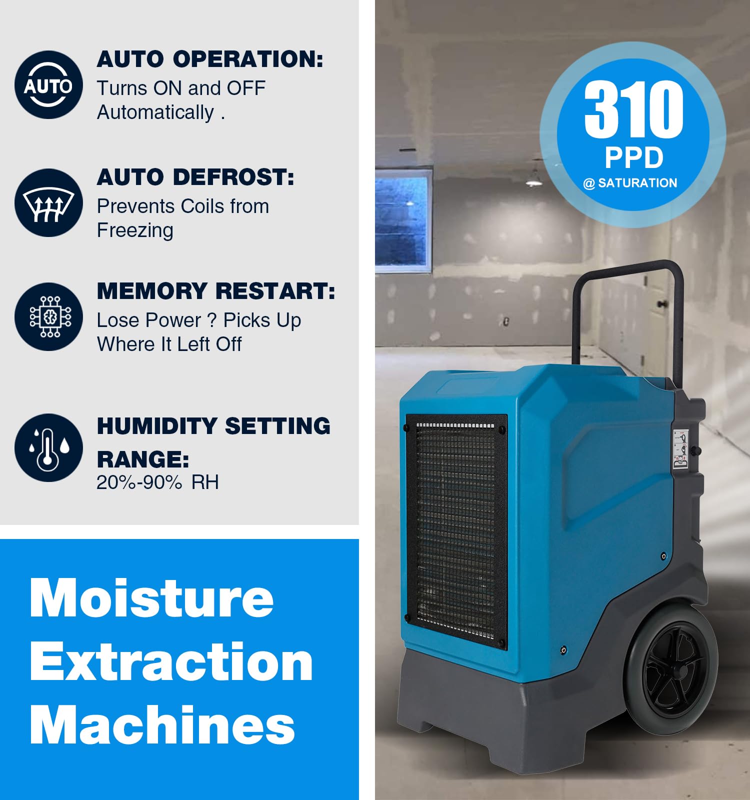 MOUNTO 310 Pints LGR Commercial Dehumidifier with Built-In Pump and Drain Hose – Portable, Heavy-Duty Dehumidifier with Wheels for Basements, Garages, Home, and Job Sites (Blue)