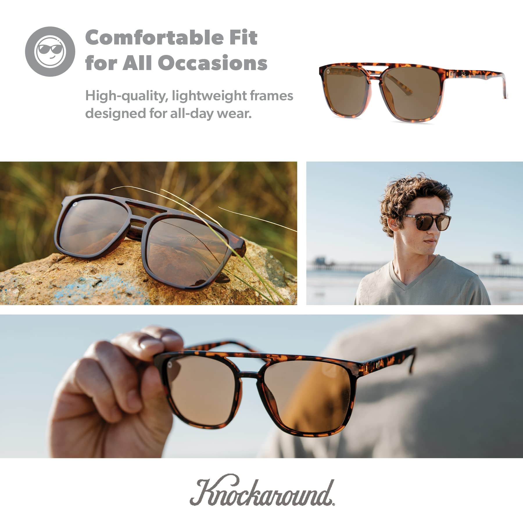 Knockaround Brightsides Polarized Sunglasses for Women & Men - Impact Resistant Lenses & Full UV400 Protection, Glossy Tortoise Shell/Amber