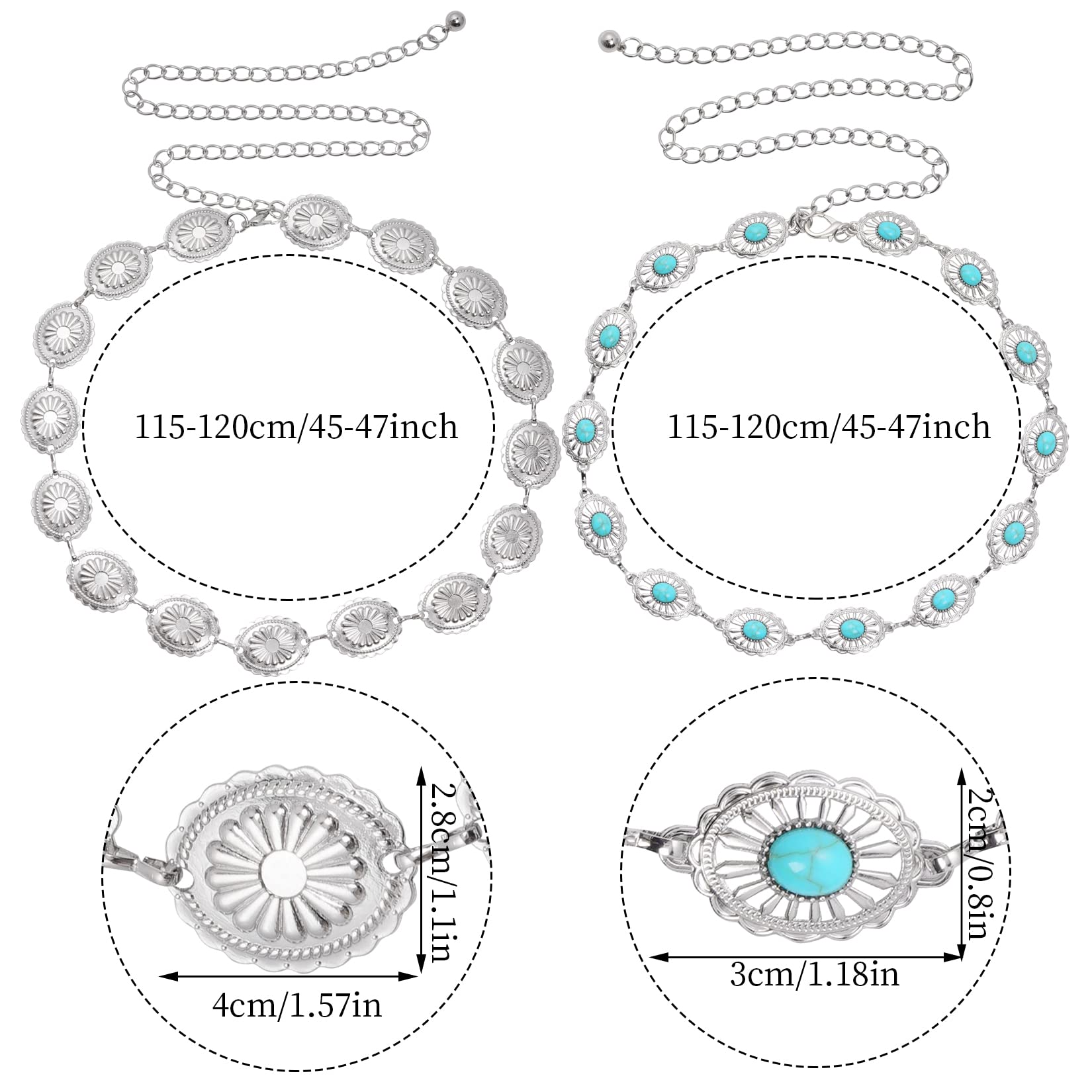 obmwang 2 Pcs Women Concho Western Chain Belts Turquoise Chain Belts Adjustable Metal Waist Belt for Dresses Jeans