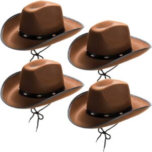 hiceeden 4 pack brown cowboy hat for men & women, retro western hat felt cowgirl hat for adults, wide brim cowboy hat with chin strap and rivet decor for western party