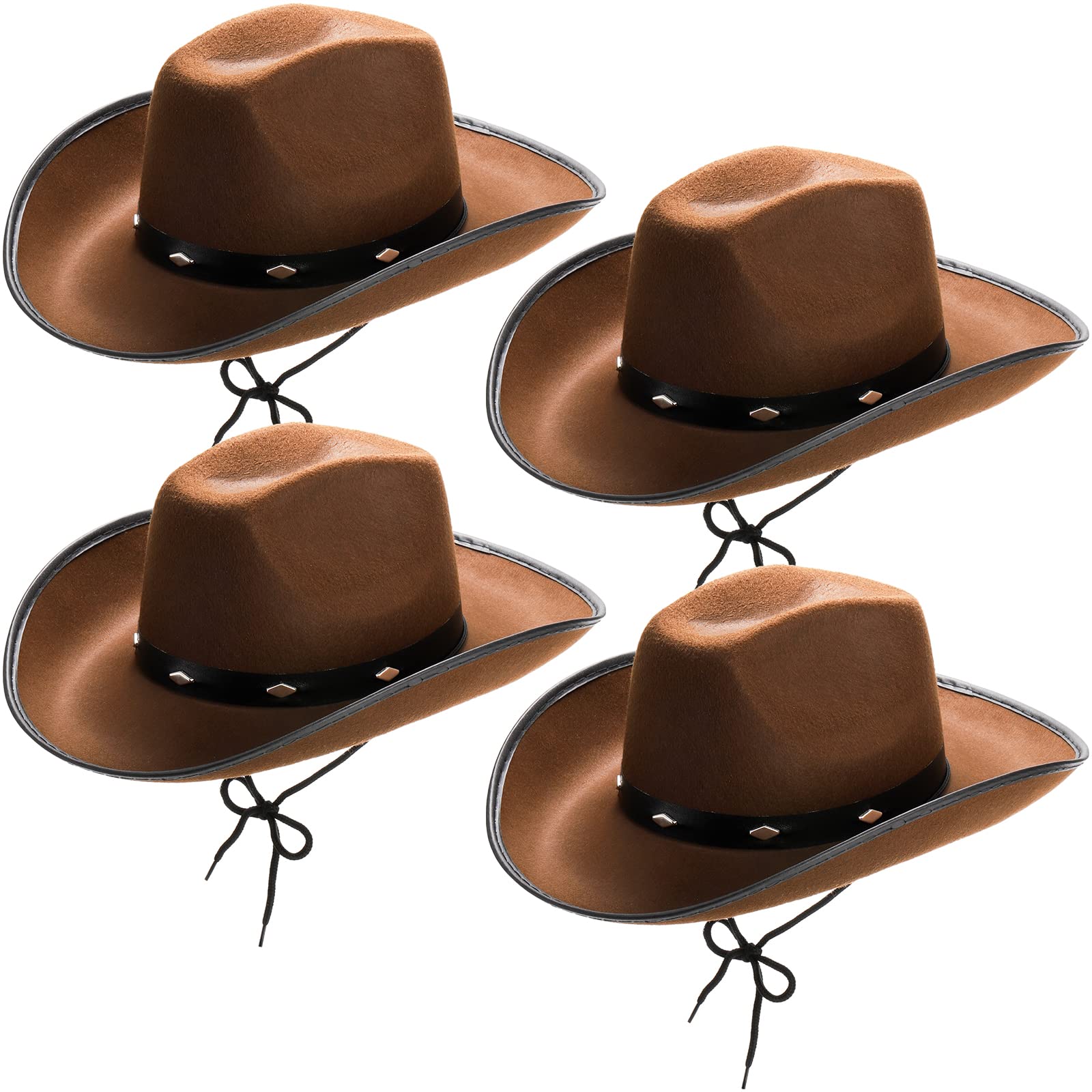 Hiceeden 4 Pack Brown Cowboy Hat for Men & Women, Retro Western Hat Felt Cowgirl Hat for Adults, Wide Brim Cowboy Hat with Chin Strap and Rivet Decor for Western Party