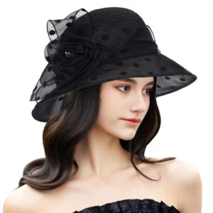 Dots-Organza Flower Band Wide Brim Sun Hat for Women French Straw Party Hat Bridal Wedding Fascinator Black