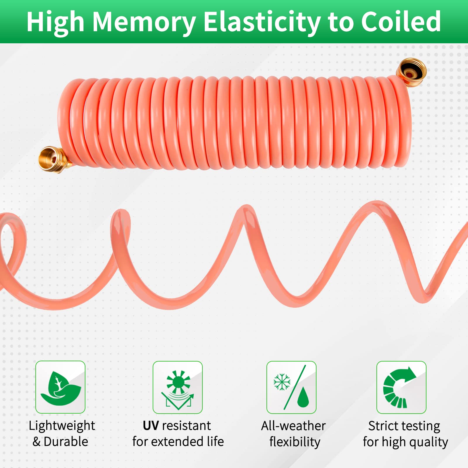 Yereen Coil Garden Hose 50FT, EVA Recoil Garden Hose, Self-coiling Water Hose with 3/4" Connector Fittings with 8 Function Spray Nozzle, Creamy Orange