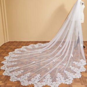 EllieWely Long Cathedral Length 2 Tier Sequin Lace Wedding Bridal Veil F09 3 M Ivory